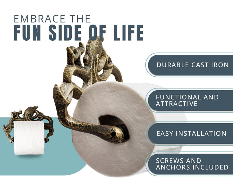 Comfify Decorative Cast Iron Octopus Toilet Paper Holder â€“ Wall Mounted Kraken Bathroom Accessory â€“ Nautical Style â€“ Includes Screws and Anchors â€“ Gold & Black - Image 2